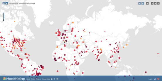 Interaktive Karte für weltweite Epidemien und Gesundheitswarnungen.